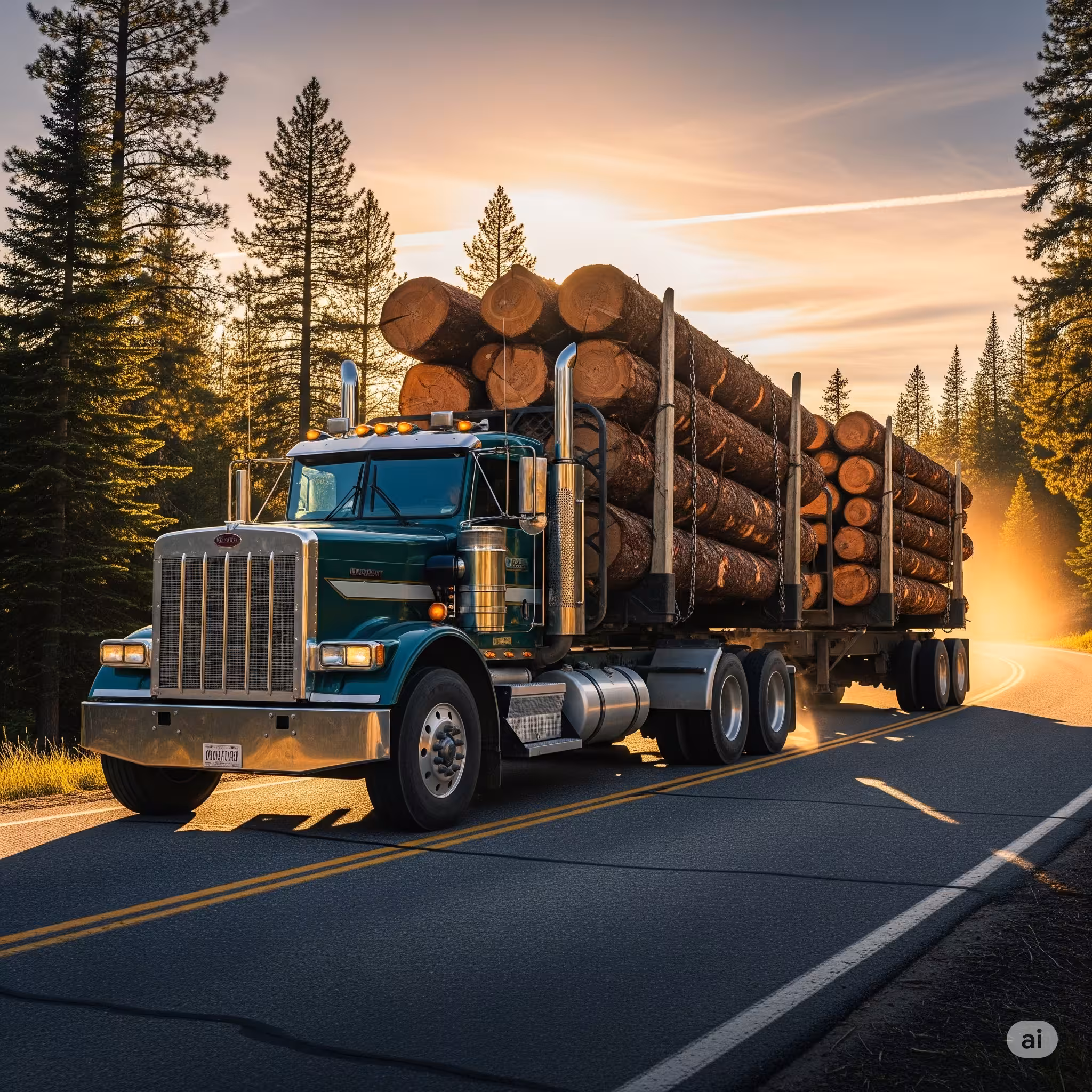 종이 원료가 되는 통나무를 싣고 달리는 트럭