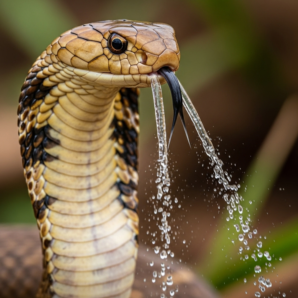 A captivating, close-up shot of a spitting cobra actively spitting venom. The venom should be depicted as a clear, directed stream or spray, aimed slightly upwards and outwards from the snake's fangs. The snake's head is slightly raised, and its eyes are intense. The background is a soft, natural blur. No text in the image.