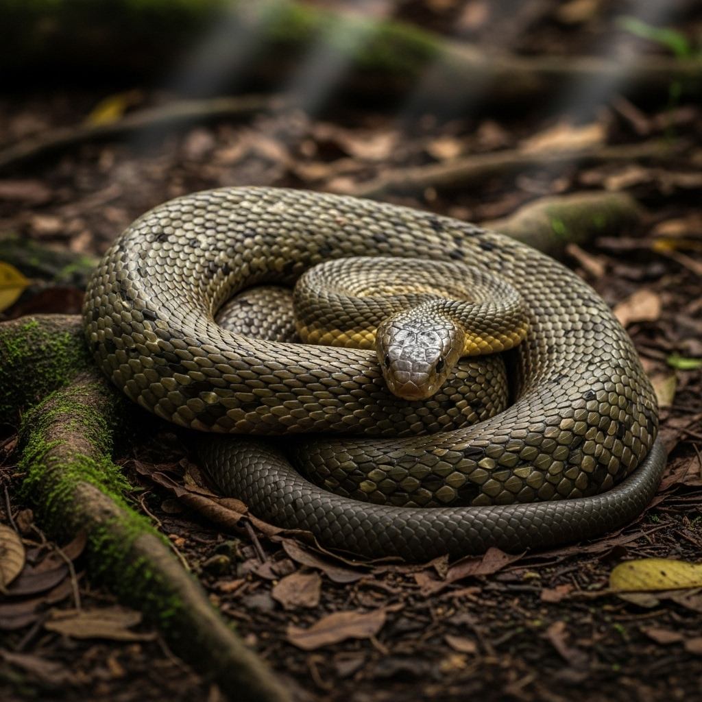 A spitting cobra in a defensive, ready-to-strike pose, but not actively spitting. Its hood is flared slightly, and its body is coiled, suggesting readiness and caution. The snake's scales are detailed, and its expression is alert. The setting is a natural, somewhat shaded environment. No text in the image.