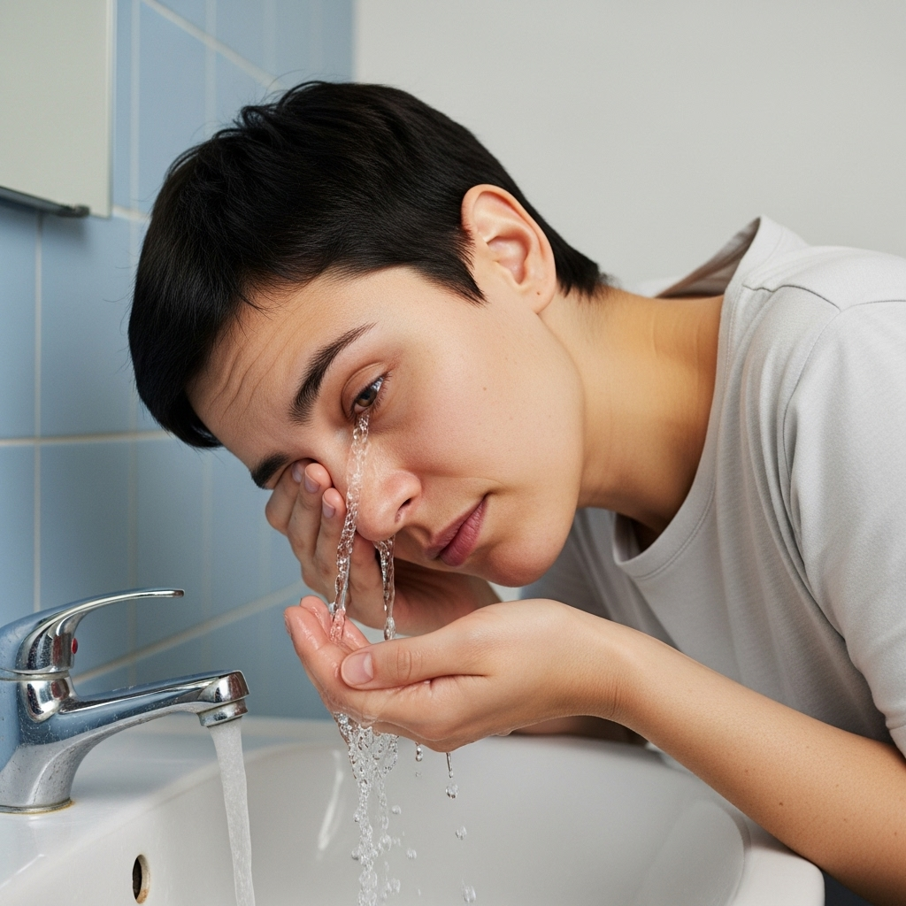A person gently and carefully rinsing their eyes with clean running water from a tap, with a concerned but calm expression. The focus is on the action of rinsing, not on fear. The background is simple and clean, suggesting a medical or home bathroom setting. No text in the image.