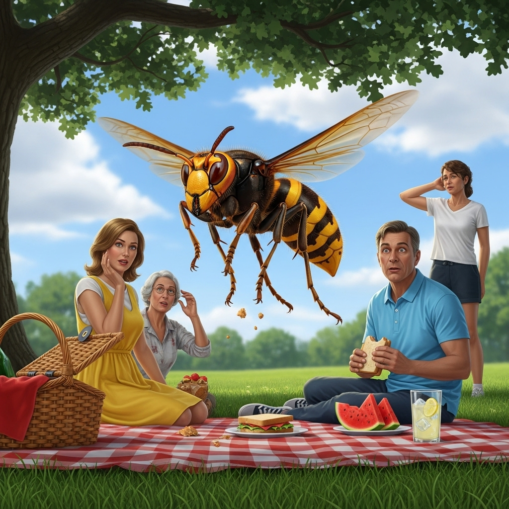 말벌의 약점 A highly detailed, realistic illustration of a large hornet in flight near a summer picnic scene, with people subtly in the background looking cautious. The hornet is depicted with its distinctive black and yellow markings. No text.