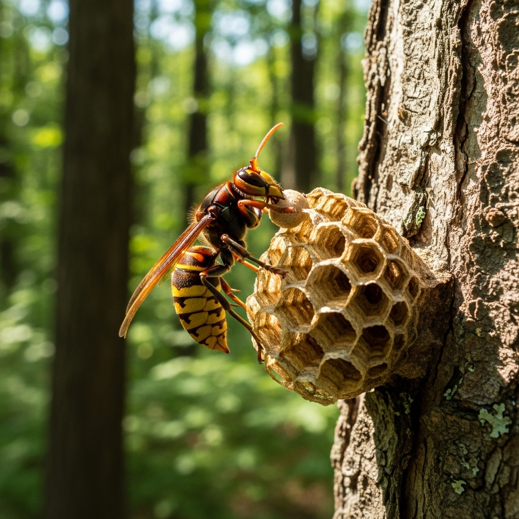 말벌의 약점 A close-up, realistic shot of a hornet meticulously building a nest on a tree branch, showcasing its intricate work. The background is a lush, green forest. No text.