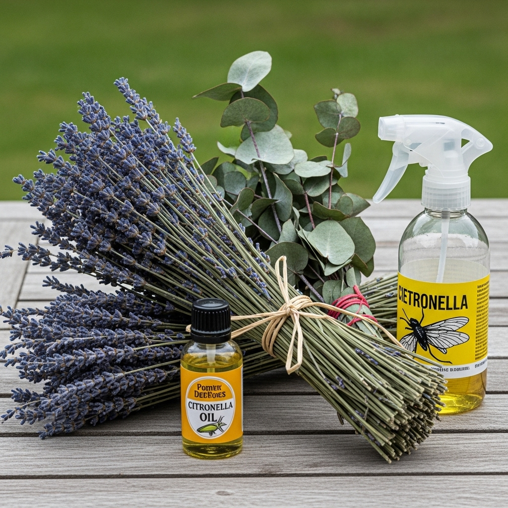 말벌의 약점 A collection of various natural deterrents for insects, including bundles of dried lavender and eucalyptus, a small bottle of citronella oil, and a spray bottle with a homemade repellent solution, arranged on a wooden table outdoors. No text.