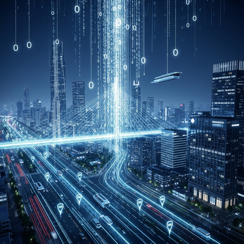 A stylized representation of binary code (0s and 1s) flowing into a modern cityscape with glowing lines connecting buildings and vehicles, symbolizing data and technology. Futuristic, clean, no specific people or children.