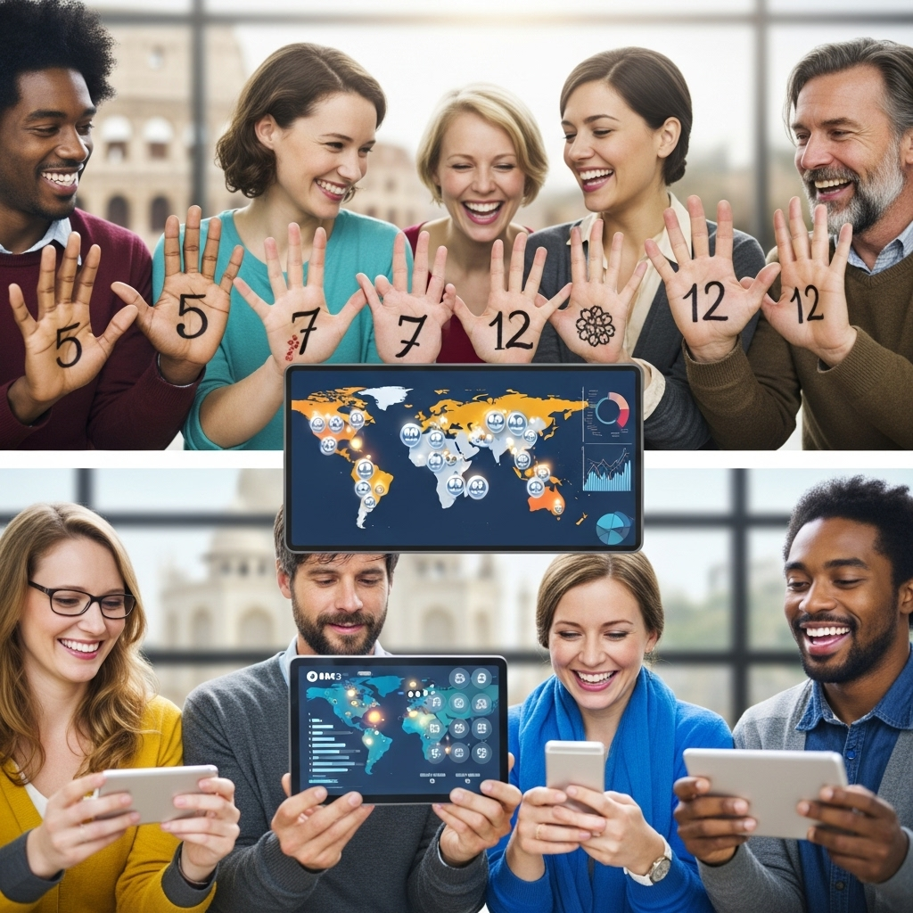 A diverse group of people from different cultures (adults only) smiling and interacting, holding up hands with numbers or looking at a smart device displaying numerical data, suggesting global connection and digital integration. Positive, diverse, no text.