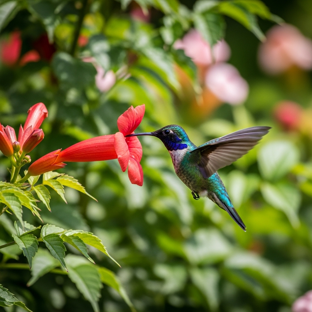 A vibrant hummingbird hovers in front of a bright red flower, its wings blurred in motion. The background is a soft, natural garden setting with greenery. No text in the image.
