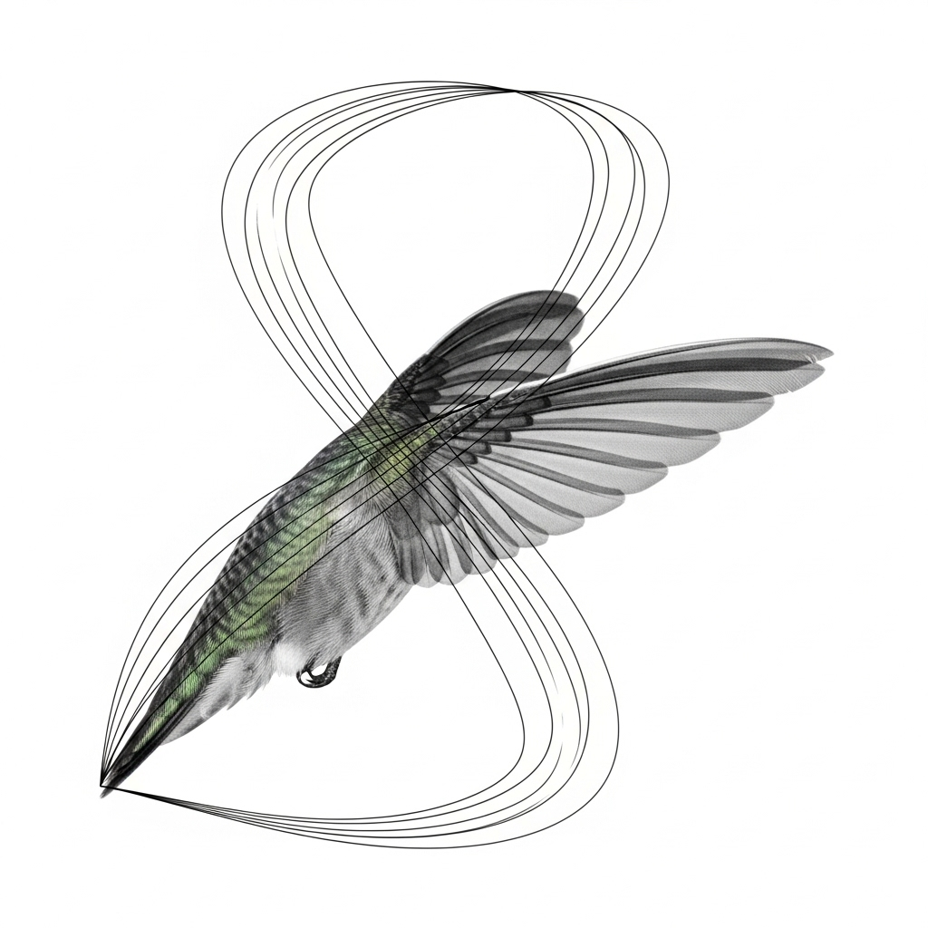 A scientific illustration of a hummingbird's wing showing the figure-8 path it takes during flight. The lines trace the path of the wing in motion. No text in the image.