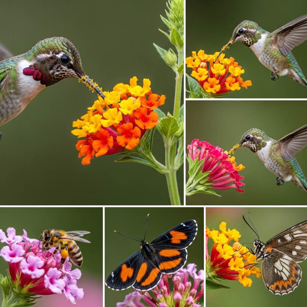 A macro shot of a hummingbird's long beak reaching into a colorful flower, covered lightly with pollen. The focus is on the interaction between the bird and the flower. No text in the image.