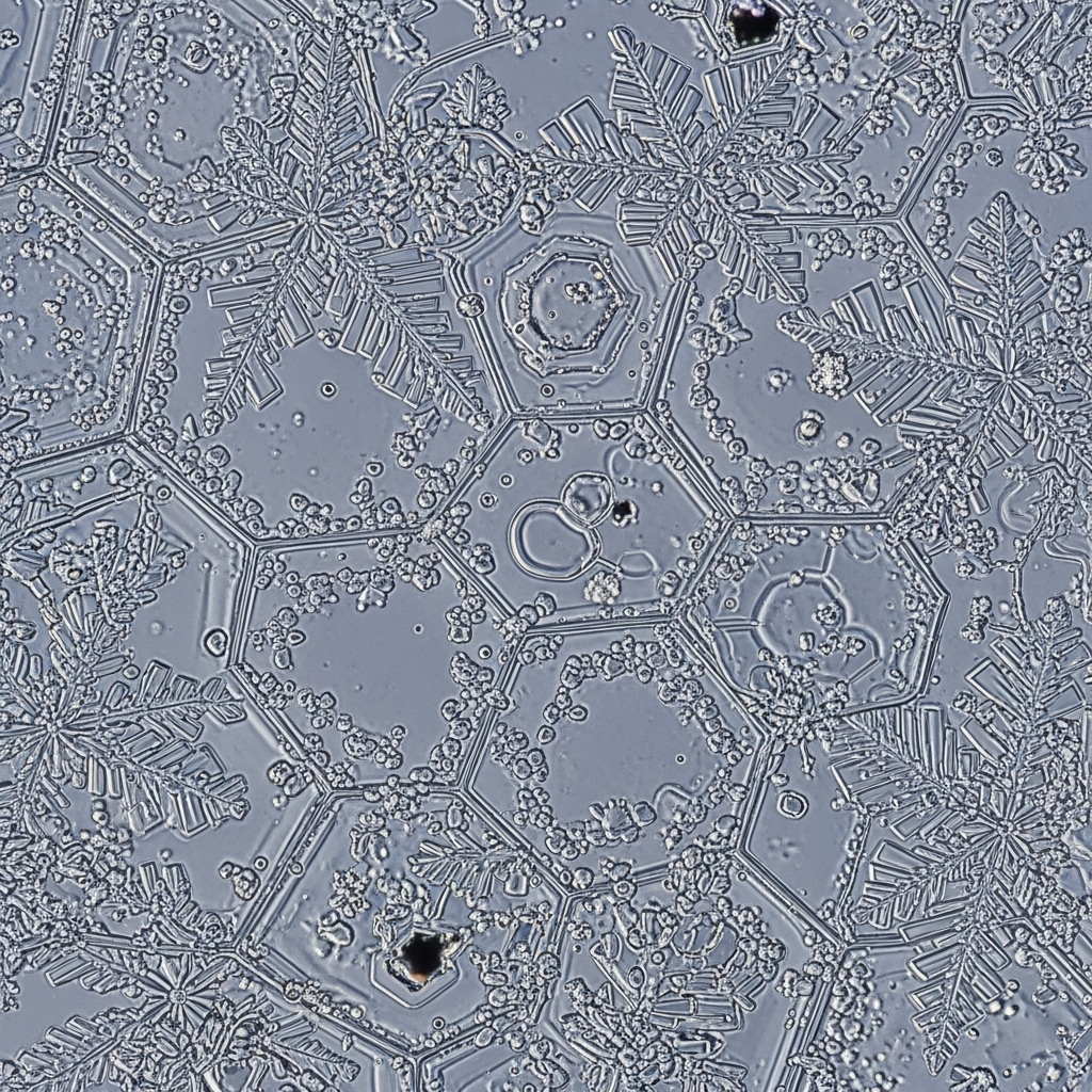 Microscopic view of intricate ice crystals forming snowflakes, with small air pockets visible between them. The image emphasizes the delicate and complex structure of snow.