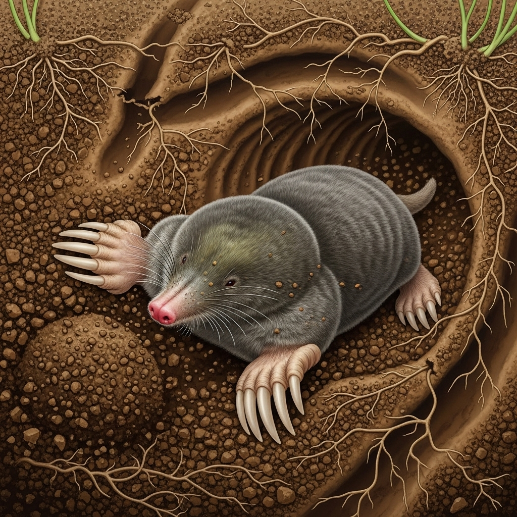 A highly detailed, realistic illustration of a mole burrowing through soil, with its powerful front paws clearly visible and creating a tunnel. The underground environment is depicted with intricate tunnel systems and some roots. No text on image.