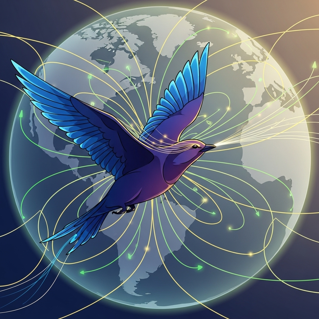 A stylized illustration of a bird in flight, with subtle glowing lines emanating from its head, representing the perception of Earth's magnetic field. The background shows a faint magnetic field lines across a globe. No text in the image.