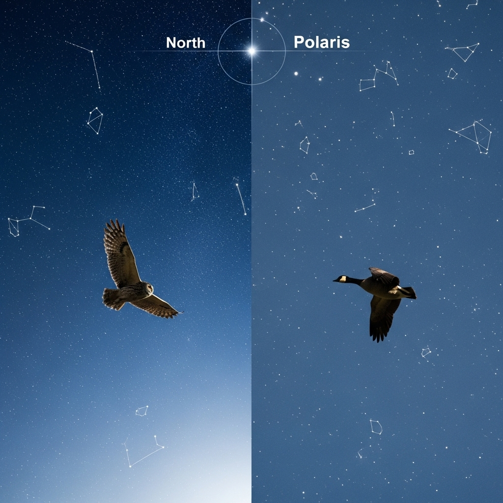 A bird flying under a clear night sky filled with stars, with the North Star prominently visible. Another bird is flying during the day with the sun in the sky. The image should show both day and night navigation cues simultaneously or as a split scene. No text in the image.