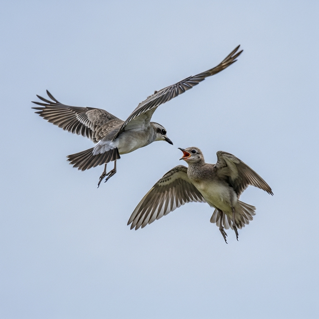 A parent bird guiding its small chick through the air during migration, with a clear sense of teaching and learning in their interaction. The background is a soft, natural landscape. No text in the image.