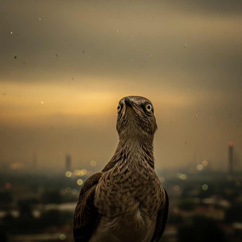 A migratory bird looking confused or disoriented amidst a hazy, polluted sky with distant city lights and industrial elements, subtly hinting at human impact on nature. No text in the image.