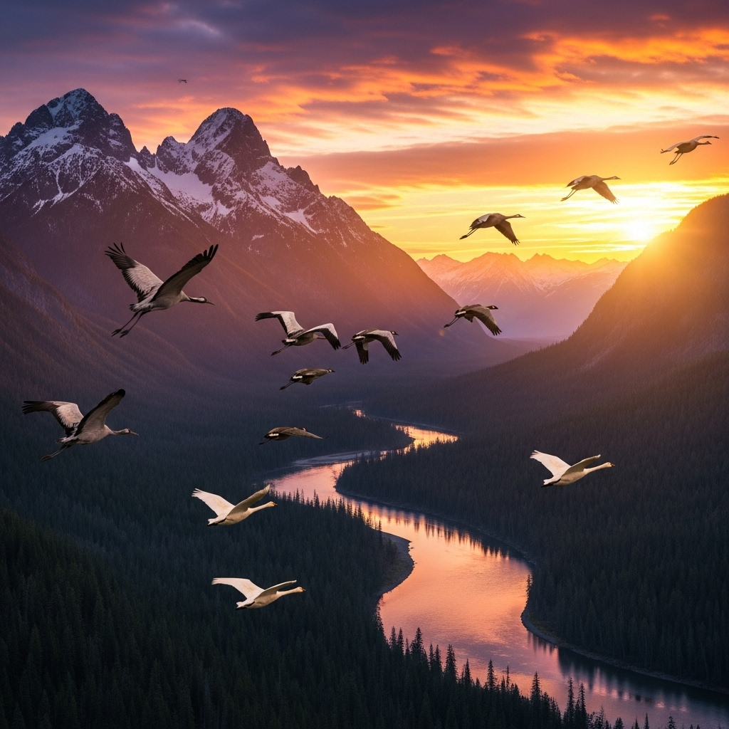 A majestic flock of various migratory birds (e.g., cranes, geese, swans) flying gracefully over a beautiful, untouched natural landscape (mountains, rivers, forests) at sunrise or sunset, conveying hope and resilience. No text in the image.