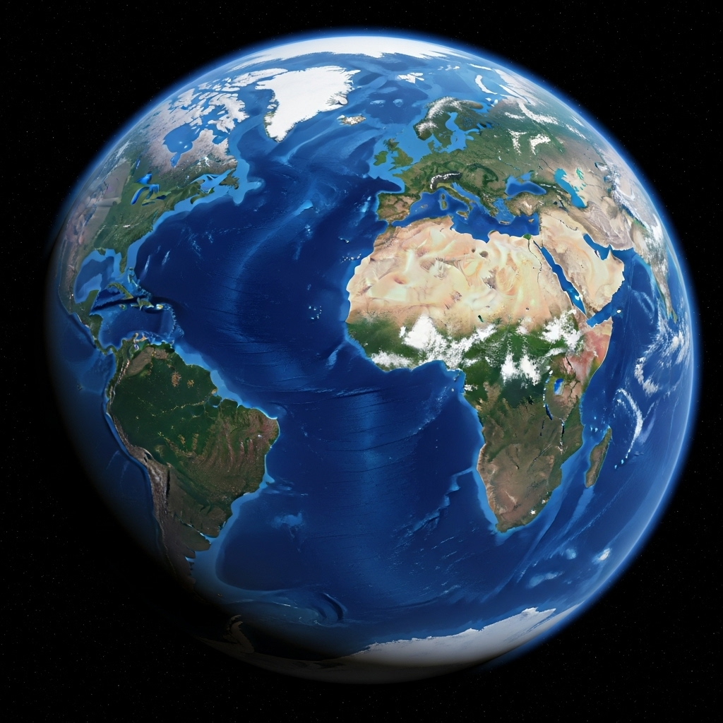 An aerial view of the Earth with continents and oceans clearly visible. Highlighted are the vast, continuous expanse of the major oceans, contrasted with smaller, more enclosed bodies of water near coastlines. Use blue color gradients to emphasize depth and size difference.