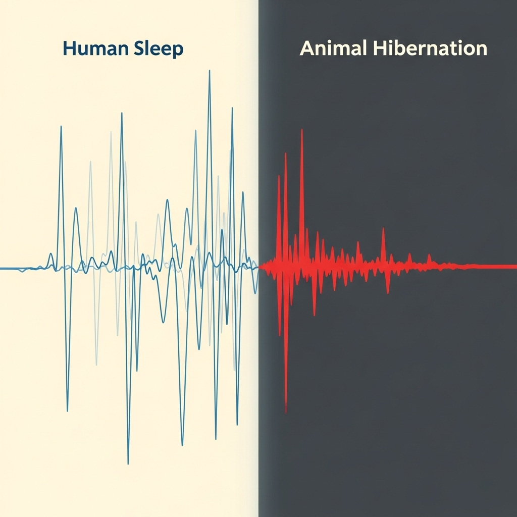 A stylized graphic showing a comparison between human sleep and animal hibernation with two distinct brainwave patterns or body temperature graphs, without any text labels.