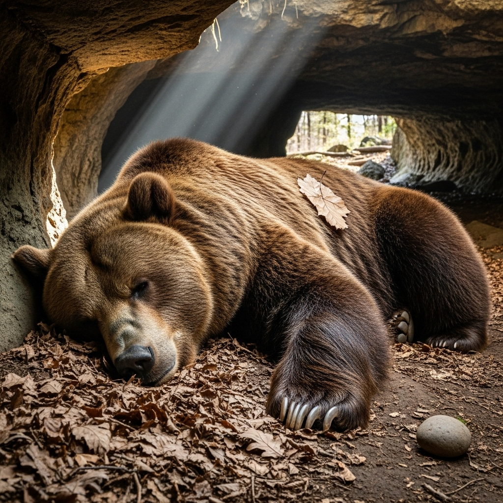 A large brown bear comfortably resting inside a cozy, natural cave, surrounded by some dry leaves. The bear is in a relaxed, deep sleep-like state. No text in the image.