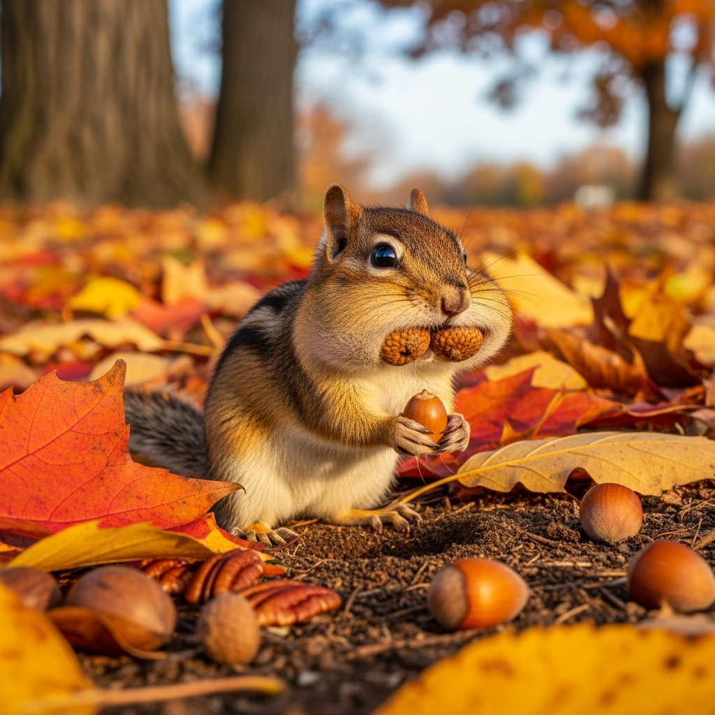 겨울잠 - A cute chipmunk with its cheeks full of nuts, diligently burying food for winter. The background shows autumn leaves. No text in the image.