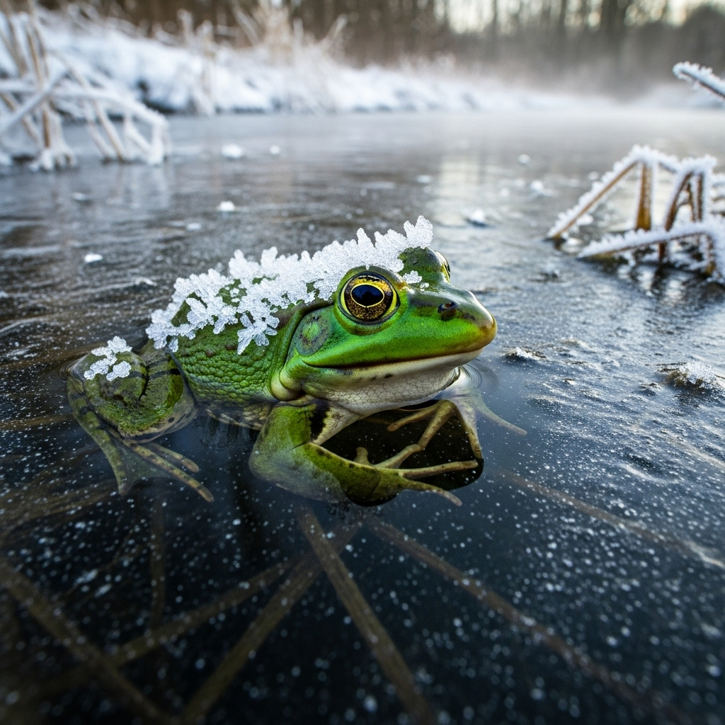 A frog partially submerged in a frozen pond, with ice crystals visible on its skin, looking peaceful and unharmed. The image focuses on the frog's resilience in the cold environment. No text in the image.