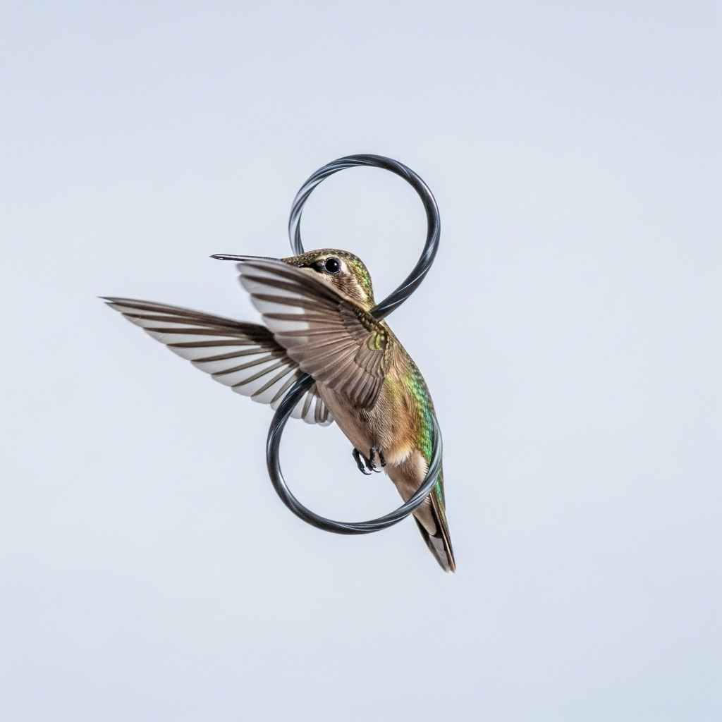 A detailed, slow-motion capture of a hummingbird's wings performing an '8' figure-eight motion, showing the unique wing mechanics clearly with high-speed photography.