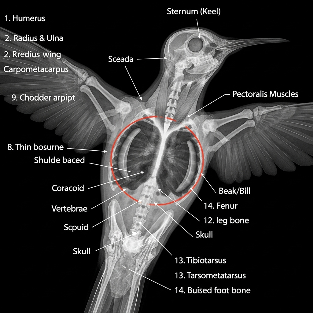 An X-ray or anatomical illustration of a hummingbird, highlighting its disproportionately large and powerful flight muscles in the chest area, with labels in English for anatomical parts.