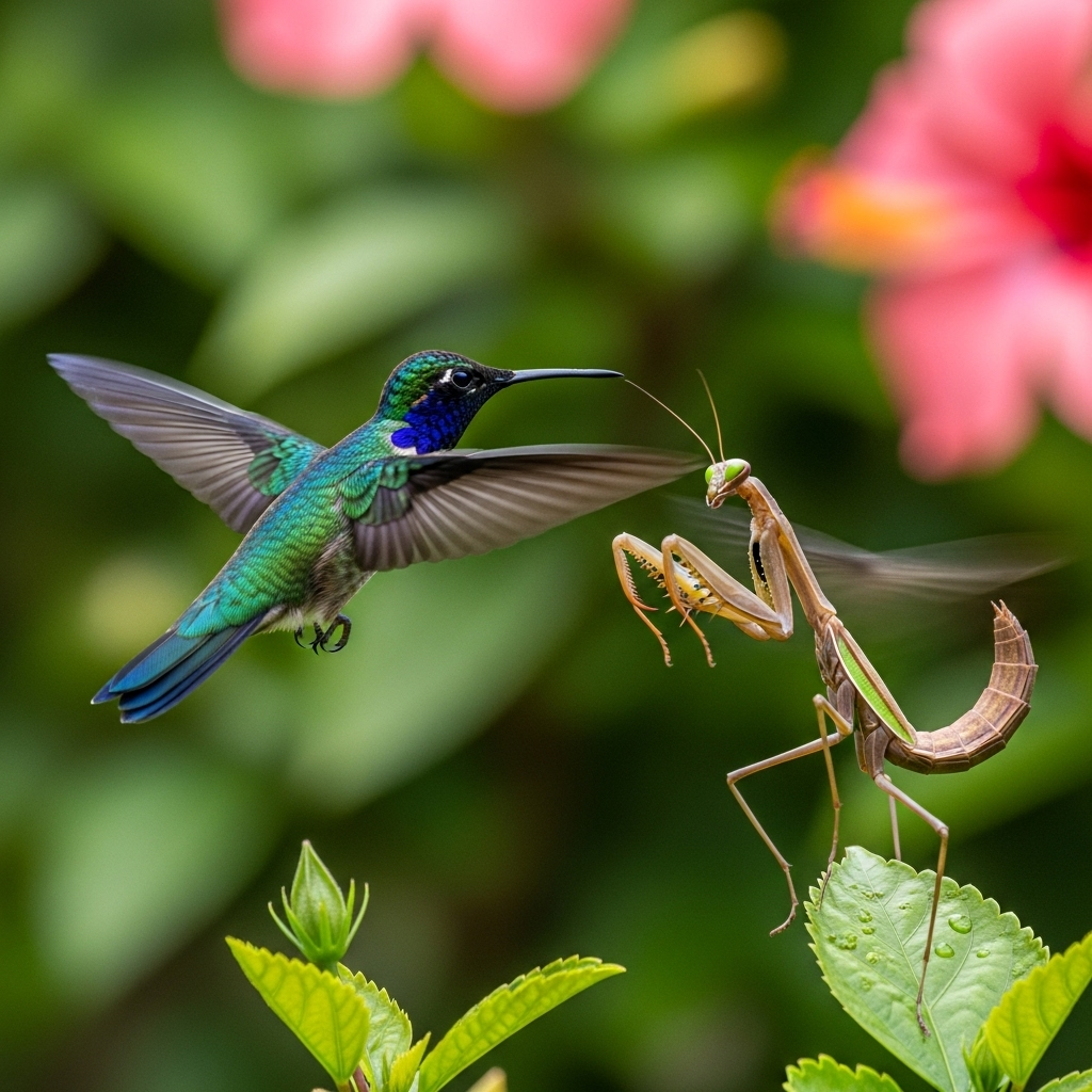 A hummingbird darting away from a potential predator (e.g., a larger bird or a praying mantis), demonstrating its agility and quick escape ability in a dynamic, action-oriented shot.