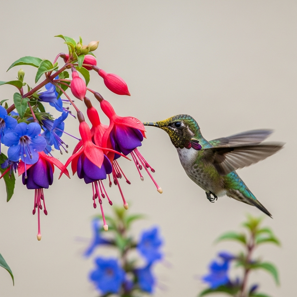 A hummingbird with visible pollen grains on its head and beak, flying from one vibrantly colored flower to another, clearly illustrating its role in pollination.