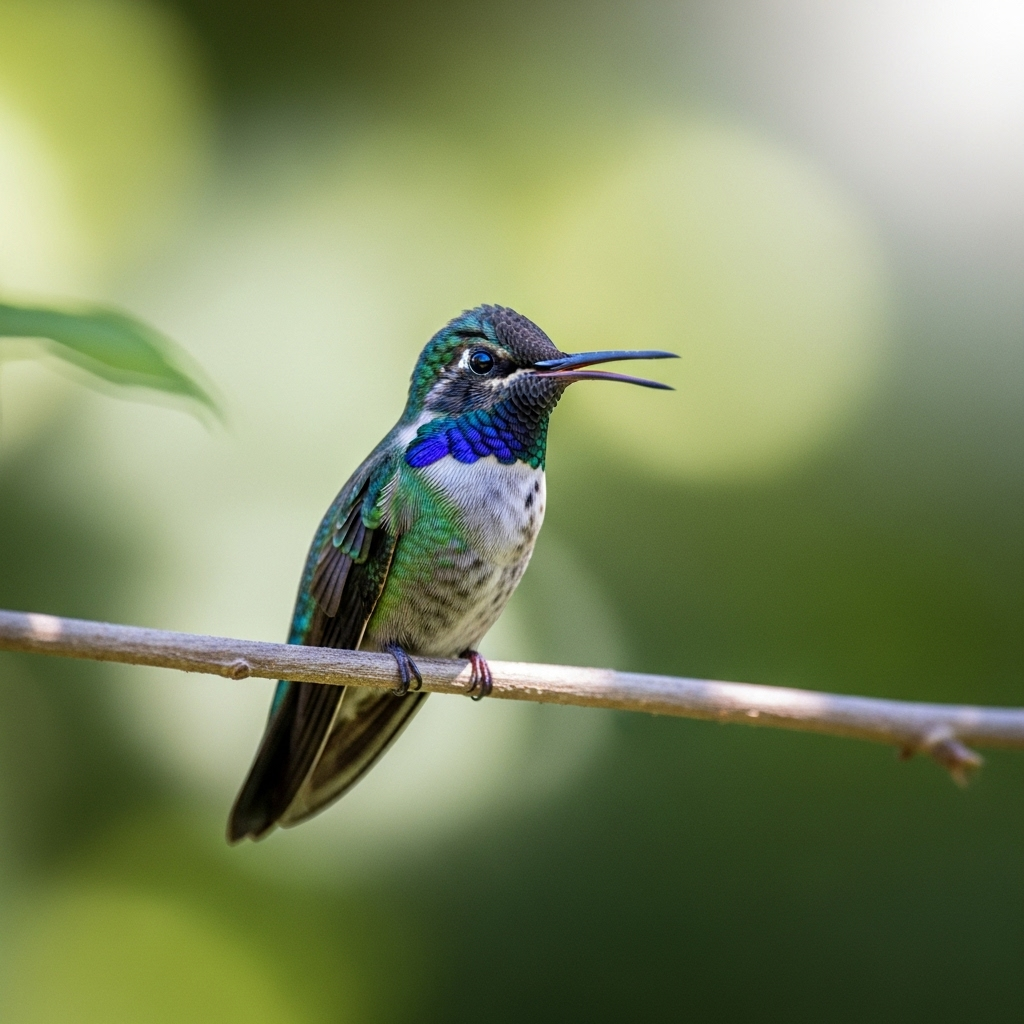 A beautifully composed shot of a hummingbird perched peacefully on a delicate branch, looking vibrant and serene against a soft, natural bokeh background.