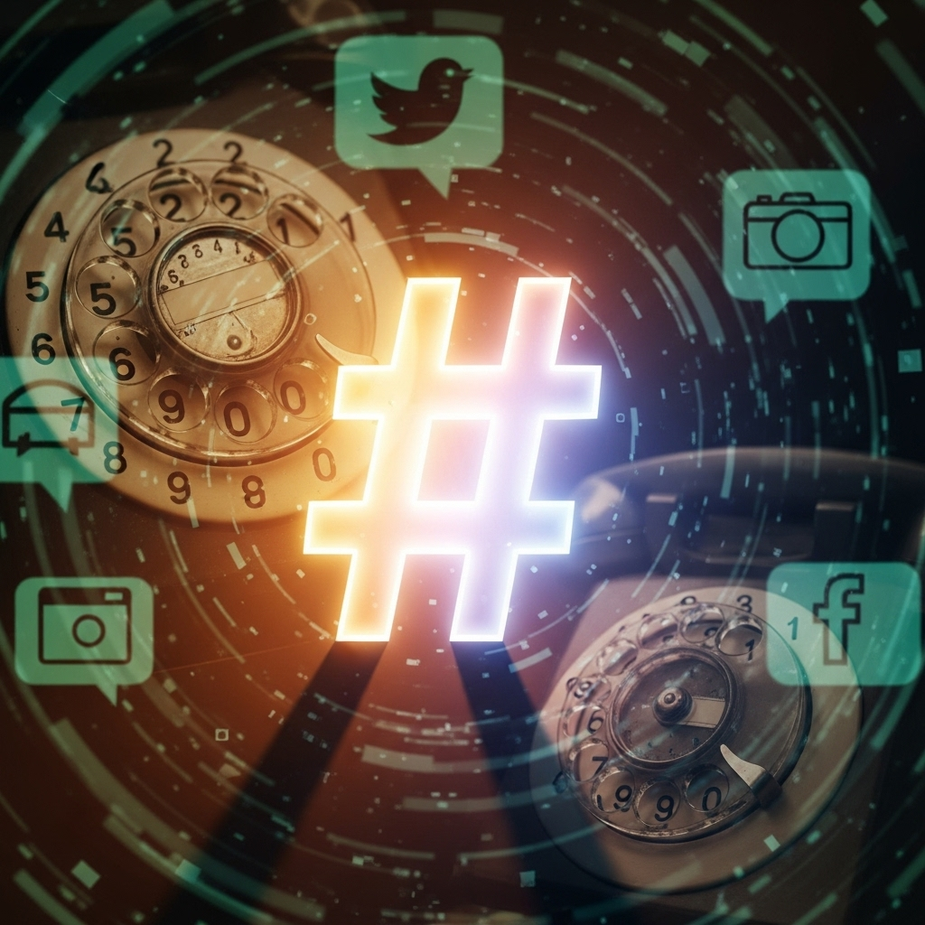 A captivating, slightly mysterious image of a large, glowing '#' symbol, with subtle historical elements like old telephone dials and digital social media icons faintly visible in the background. The overall mood should be one of discovery and wonder, without any text in the image.