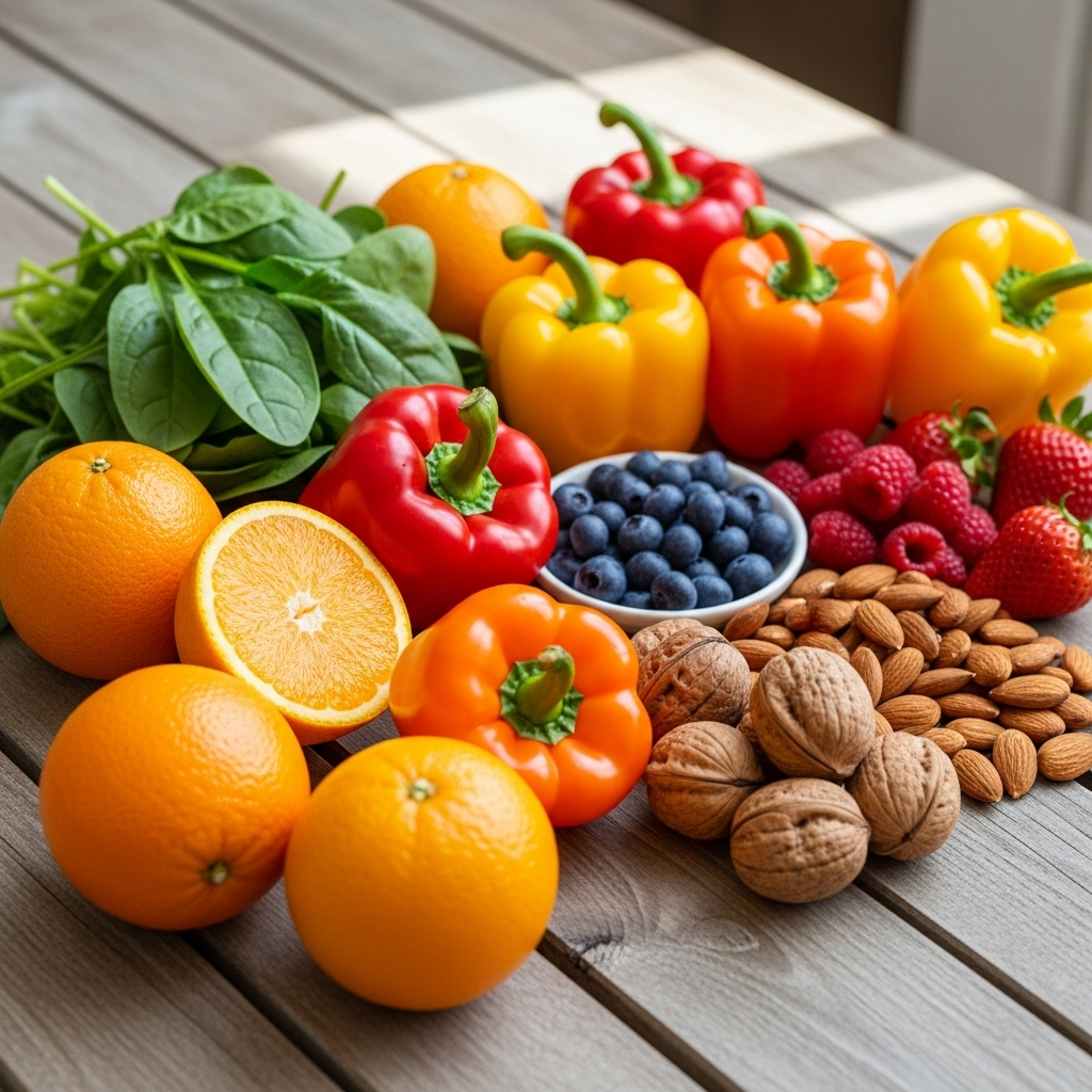 A vibrant and diverse collection of fresh fruits and vegetables, like oranges, spinach, bell peppers, berries, and nuts, arranged aesthetically on a rustic wooden table, with a soft, natural light illuminating them. The image should evoke health and natural nutrition.