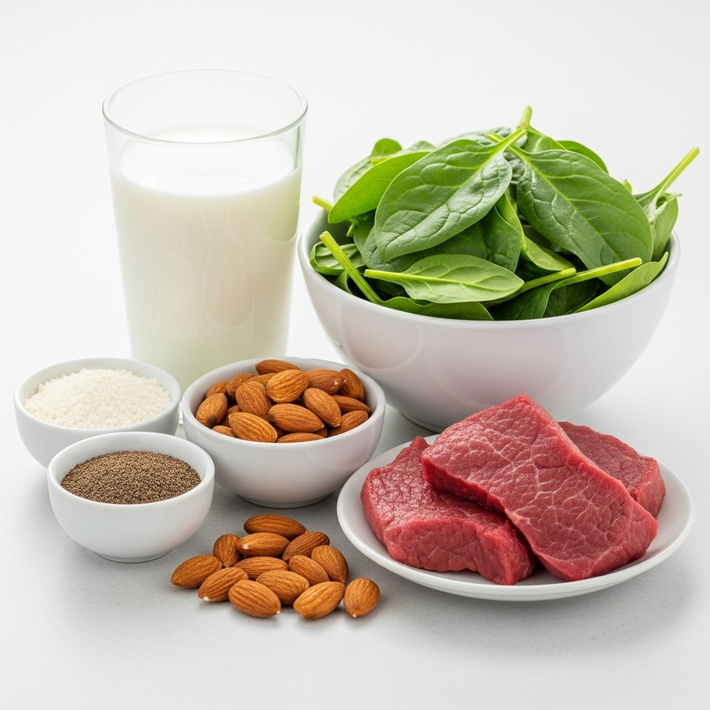비타민 미네랄 - A diverse array of essential mineral sources such as a glass of milk, a bowl of spinach, a handful of almonds, and some lean red meat, arranged neatly on a light-colored surface, conveying a sense of balanced nutrition.