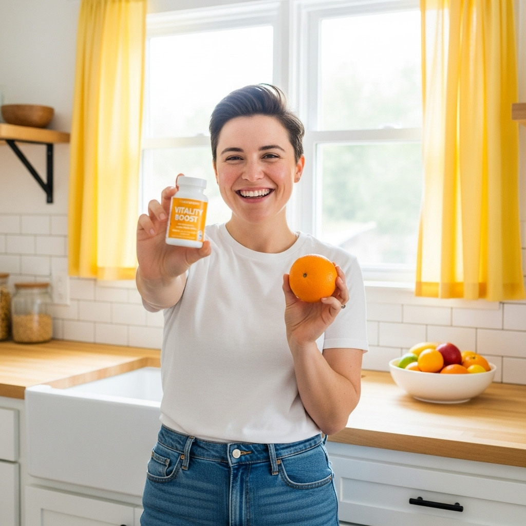 A person smiling broadly, radiating health and vitality, holding a small bottle of vitamins or a fresh, vibrant piece of fruit, in a bright, clean, and optimistic setting. The image should convey a sense of well-being and happiness.