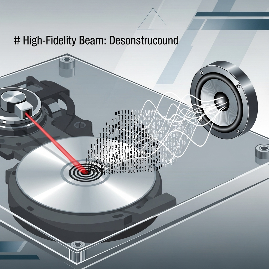 CD 플레이어 - A stylized, clean illustration of a CD player, with a transparent view showing a laser beam scanning a CD, and abstract digital signals (1s and 0s) flowing from the CD, transforming into wavy analog sound waves towards a speaker. The background is subtle and modern, not too cluttered.