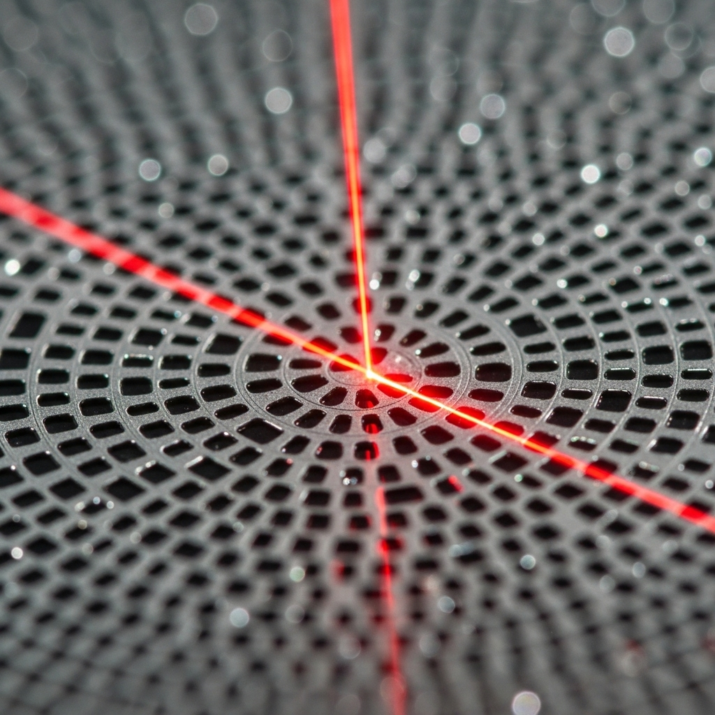 A close-up, microscopic view of a CD surface, showing distinct "pits" (small depressions) and "lands" (flat areas) in a grid-like pattern. A thin, focused red laser beam is depicted scanning across these features, with subtle light reflections indicating the data reading process.