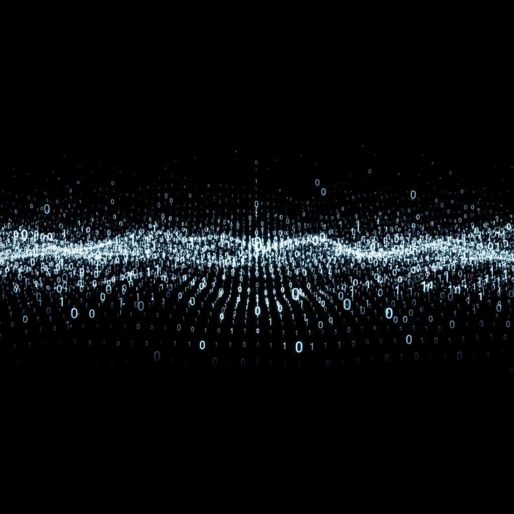 An abstract representation of digital data. A stream of 0s and 1s flowing across a dark background, some glowing faintly. The numbers are forming a subtle wave pattern, suggesting the underlying musical information. Clean, technical aesthetic.