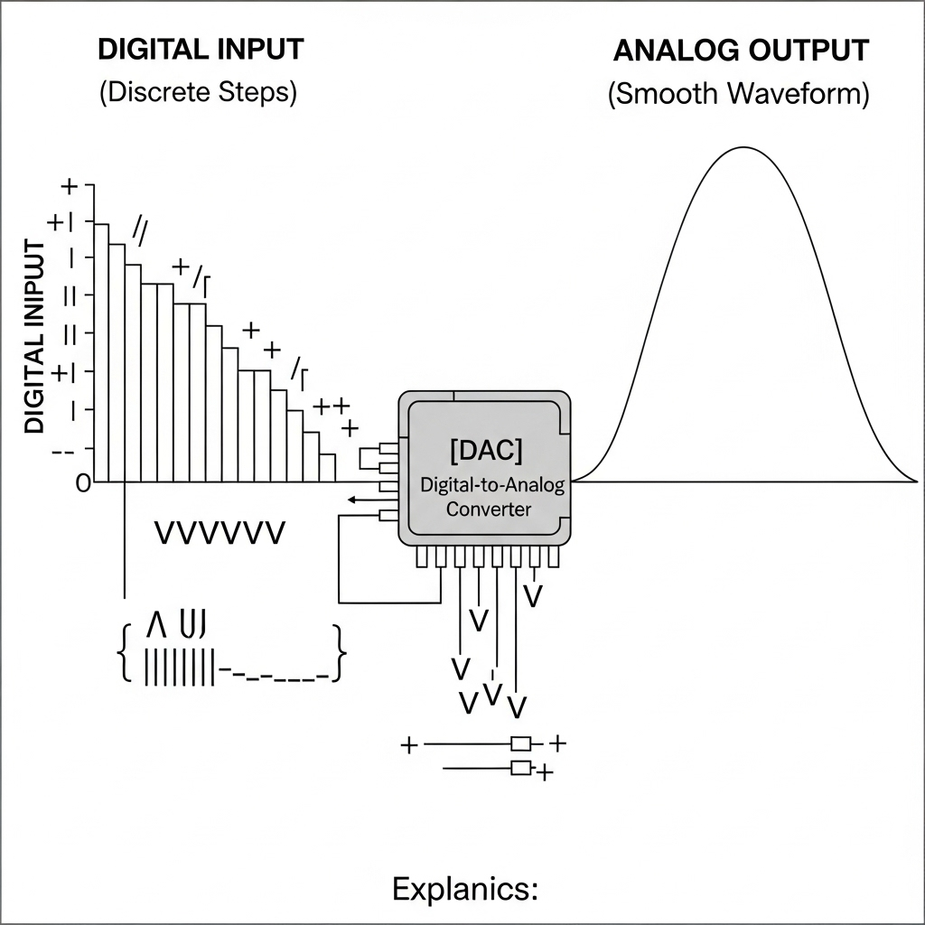 A schematic diagram illustrating the process of Digital-to-Analog Conversion. On one side, a series of discrete digital steps (like a staircase graph) transitions into a smooth, continuous analog waveform on the other side. A stylized chip labeled "DAC" is prominently featured in the center, acting as the converter. Simple, clear lines.