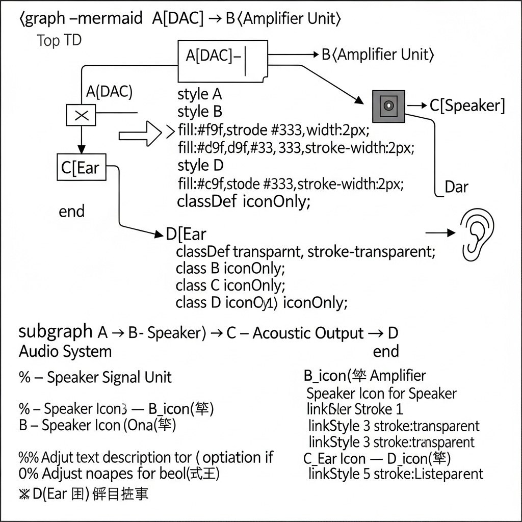 An audio system flow. A DAC outputs a waveform into an amplifier unit, represented by a speaker icon. The amplifier then sends a stronger signal to a speaker, which is emitting sound waves towards an ear icon. The overall setup is clean and illustrates the signal path clearly.