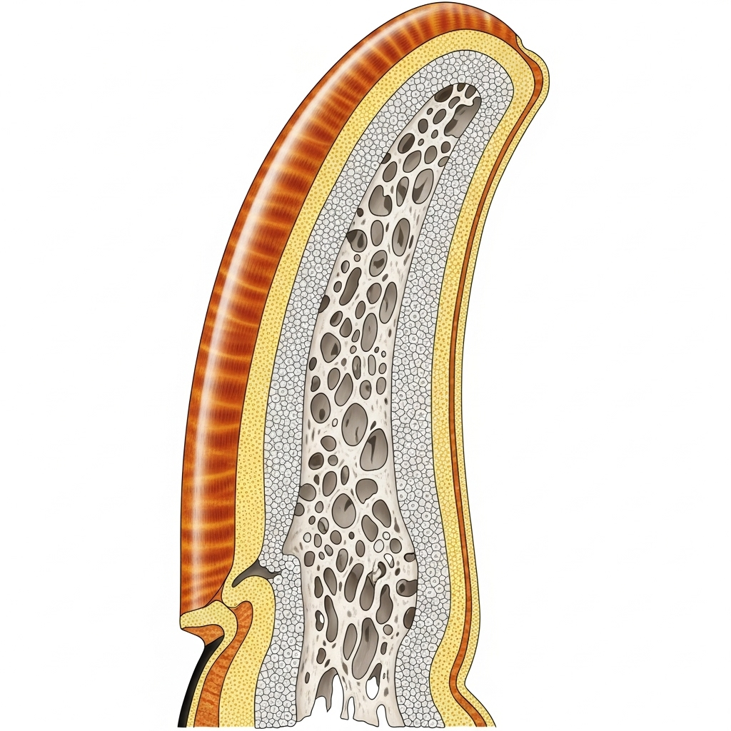 A detailed cross-section illustration of a toucan's beak, showing the outer keratin layer and the internal honeycomb-like, porous bone structure. The internal structure should clearly appear lightweight and airy. Scientific illustration style, high detail.