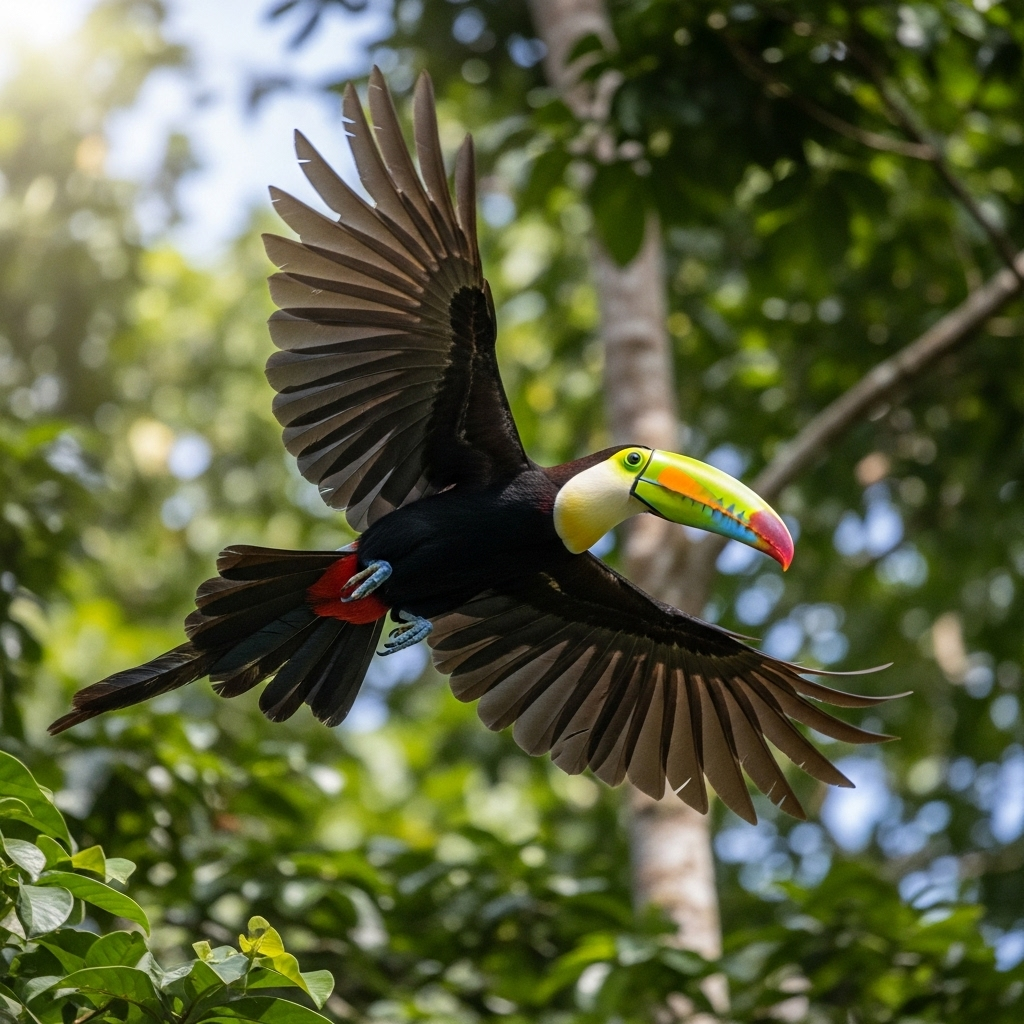 A toucan in mid-flight, with its wings fully extended. The image captures the bird in motion, showing its large colorful beak and tail feathers. It is flying between lush green jungle trees, suggesting short-distance flight. Dynamic, natural light, focus on the bird's flight posture.