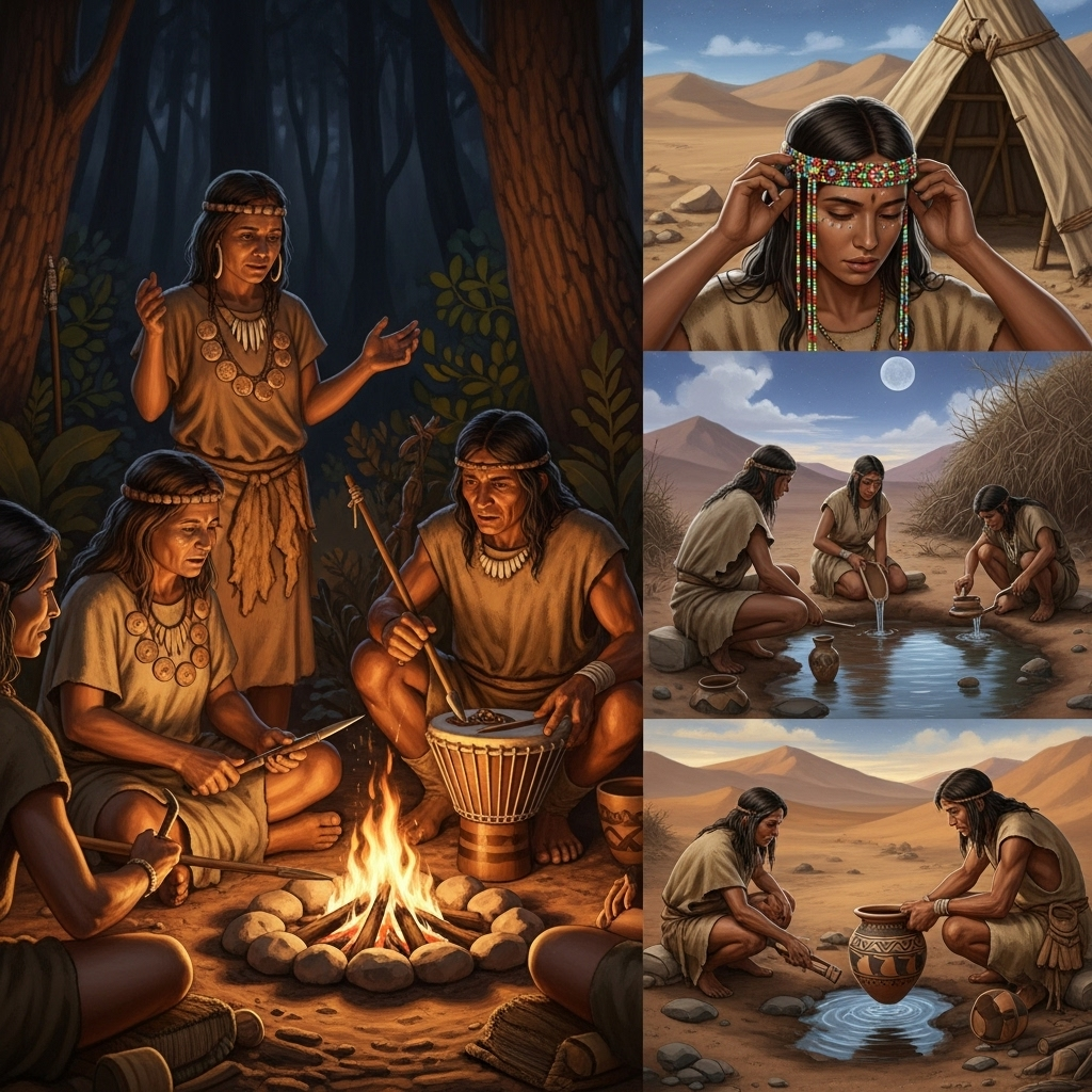 An ancient human tribe gathered around a campfire in a lush forest, with another group of people near a desert oasis, and a small community on a tropical island. Each group is subtly depicted using unique, anachronistic elements in their attire or tools, suggesting different cultures and communication styles evolving over time and geographic separation. The overall tone is historical and illustrative.