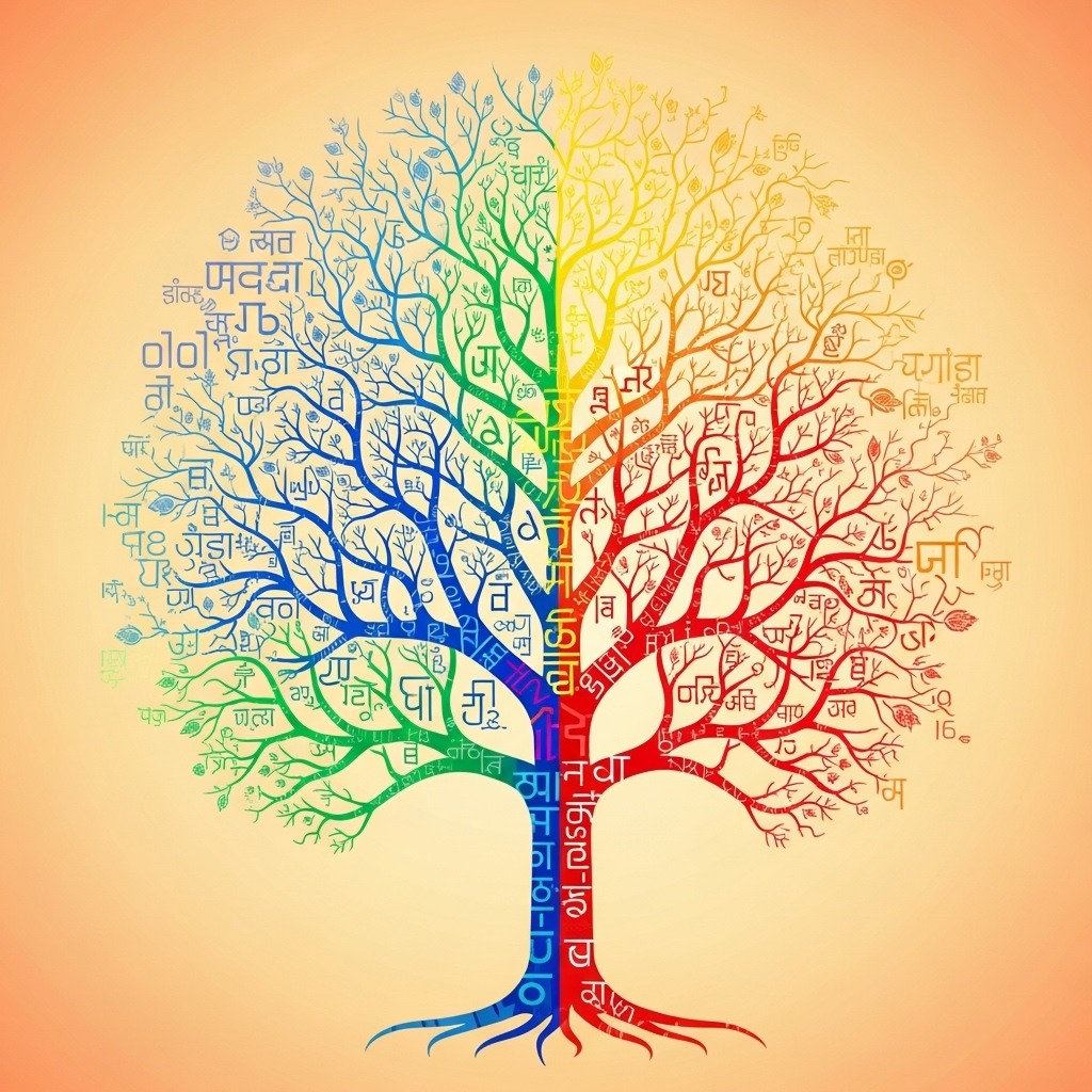 A stylized, vibrant "language tree" with numerous branches. The trunk and a few large branches are thick and brightly colored, representing widely spoken languages. However, the majority of the branches are thin, delicate, and in various stages of fading, symbolizing the large number of less common or endangered languages. The background is a soft, warm gradient.
