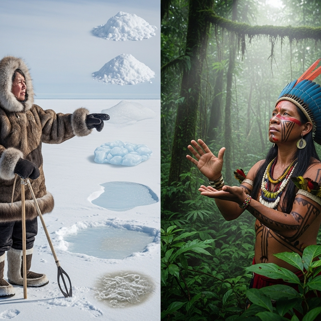 On the left, an Inuit person in traditional winter clothing stands in a snowy landscape, pointing at different types of snow (e.g., fluffy, icy, melting), with subtle visual cues suggesting different textures. On the right, a member of an Amazonian tribe is in a lush rainforest, looking thoughtful as they gesture with their hands, without any numerical elements around them. The two scenes are distinct but shown side-by-side, illustrating different linguistic perspectives.