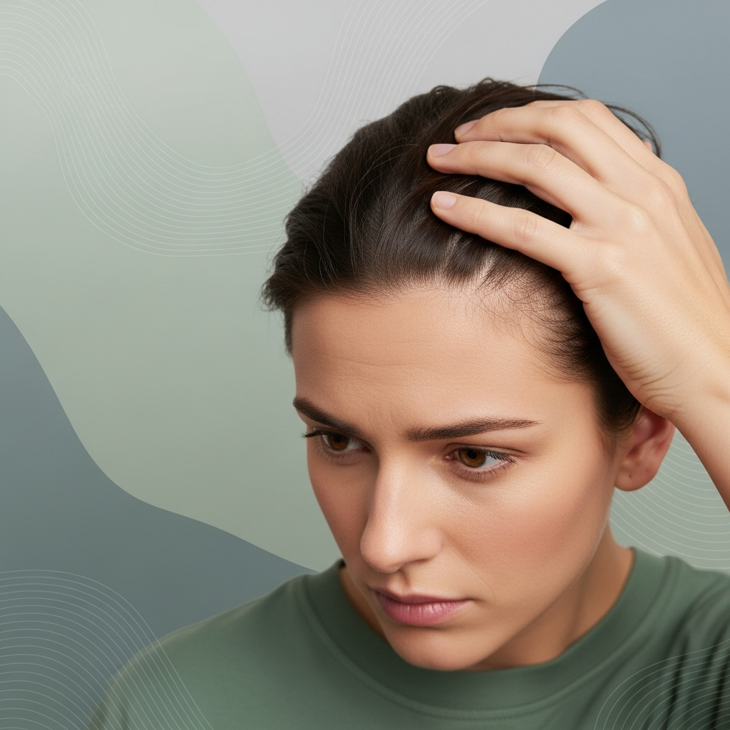 A person's hand gently touching their scalp, with a thoughtful and slightly concerned expression. The background is softly blurred with abstract, subtle patterns that evoke a sense of introspection or mild stress, perhaps gentle wavy lines or soft, muted colors. The image is not overtly negative but conveys contemplation about hair health, with no text.