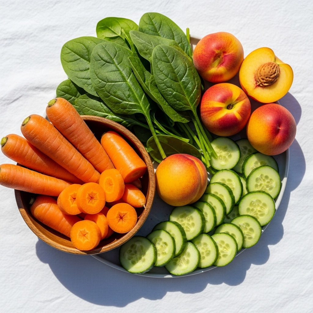 A vibrant and fresh assortment of raw carrots, green spinach leaves, sliced cucumbers, and ripe peaches, artfully arranged in a clean, bright setting. The colors are natural and appealing, suggesting health and vitality. No text.