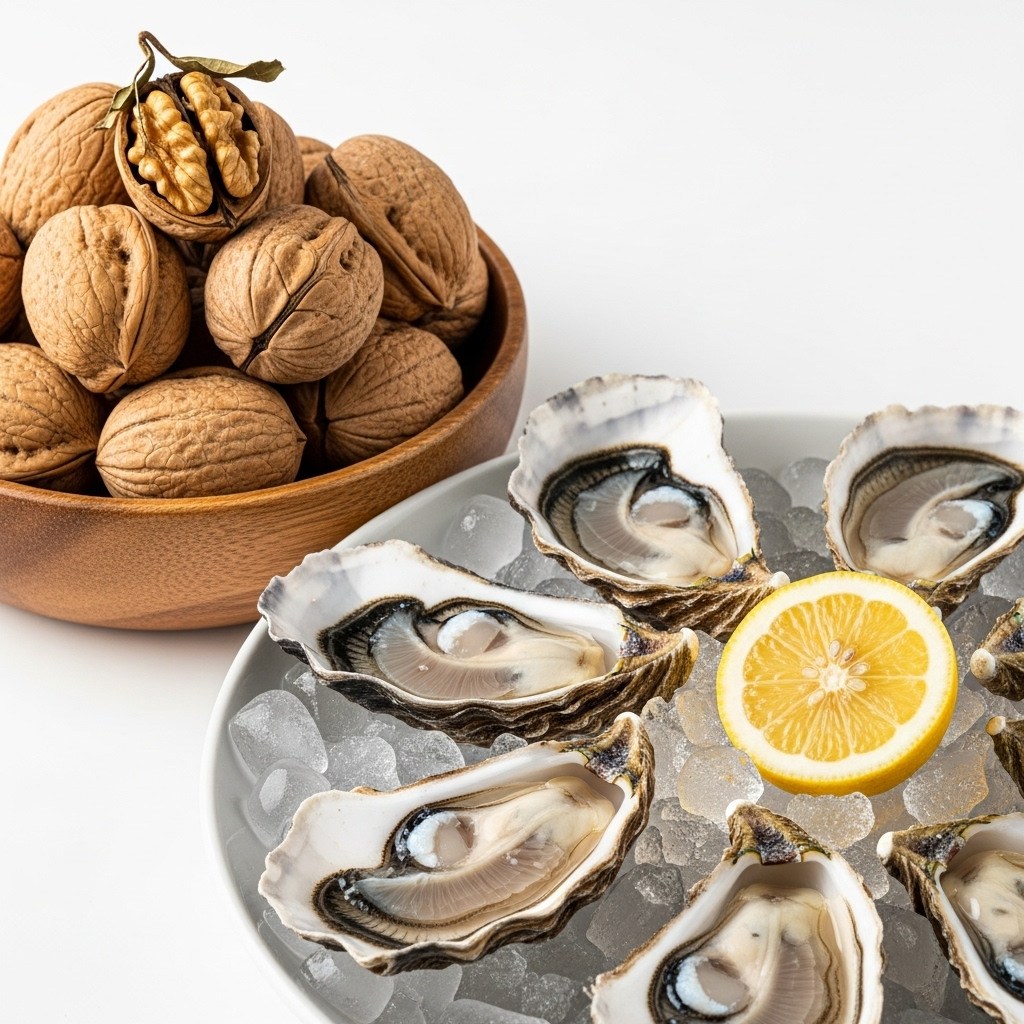 A small wooden bowl overflowing with whole walnuts, alongside a plate of freshly shucked oysters on a bed of ice, garnished with a slice of lemon. The presentation is clean, appetizing, and highlights the natural beauty of the ingredients. No text.