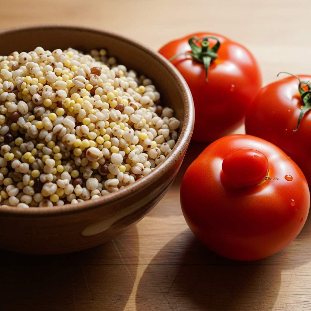A rustic ceramic bowl filled with cooked mixed grains (brown rice, millet, sorghum) next to several vibrant, ripe red tomatoes on a simple, clean wooden surface. The scene is natural and homely, suggesting healthy eating. No text.