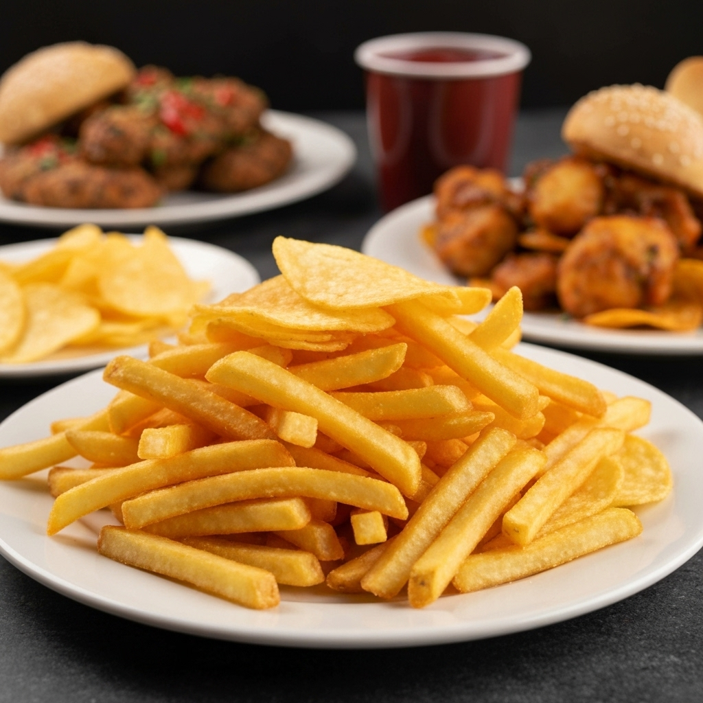 A pile of golden, crispy french fries in a red paper carton, next to a bowl of potato chips. The image is vibrant and appealing, but subtly hints at indulgence. No text on the image.