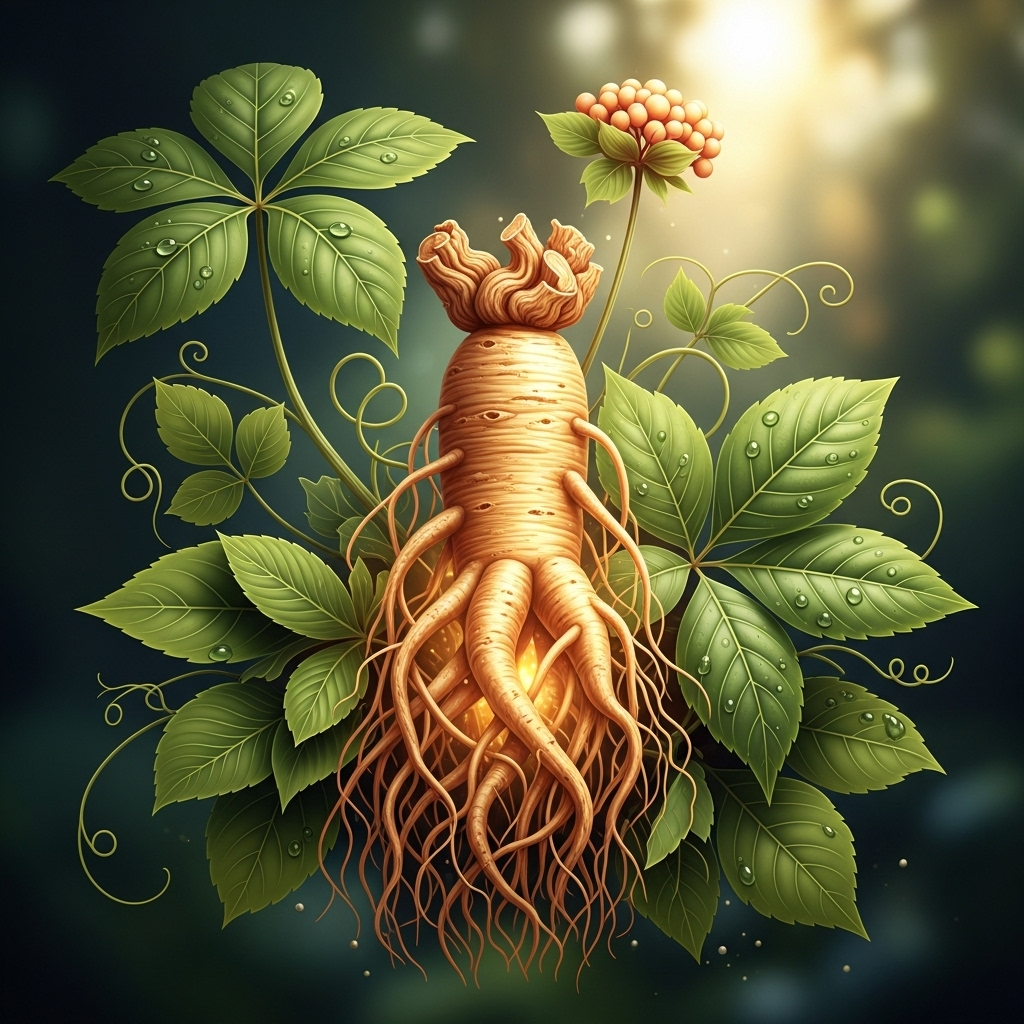 인삼 - A vibrant, detailed illustration of ginseng roots nestled among green leaves, with a subtle glow representing health and vitality. The background is softly blurred with a warm, natural light.