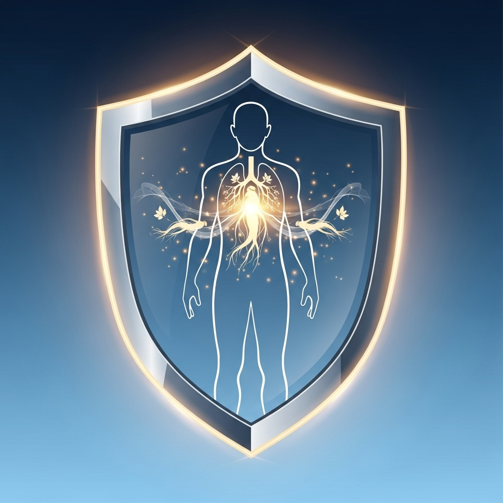 A stylized illustration showing a human body outline surrounded by a shield, representing immunity, with tiny glowing ginseng roots emanating protective energy around the chest and lungs area.